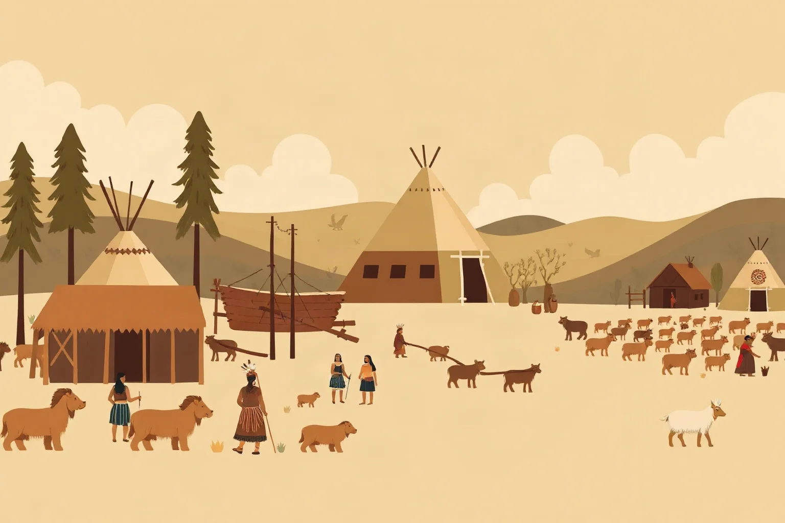A stylized illustration of diverse Indigenous North American communities, longhouses, and farmland landscapes before European contact, warm earthy tones, no text.