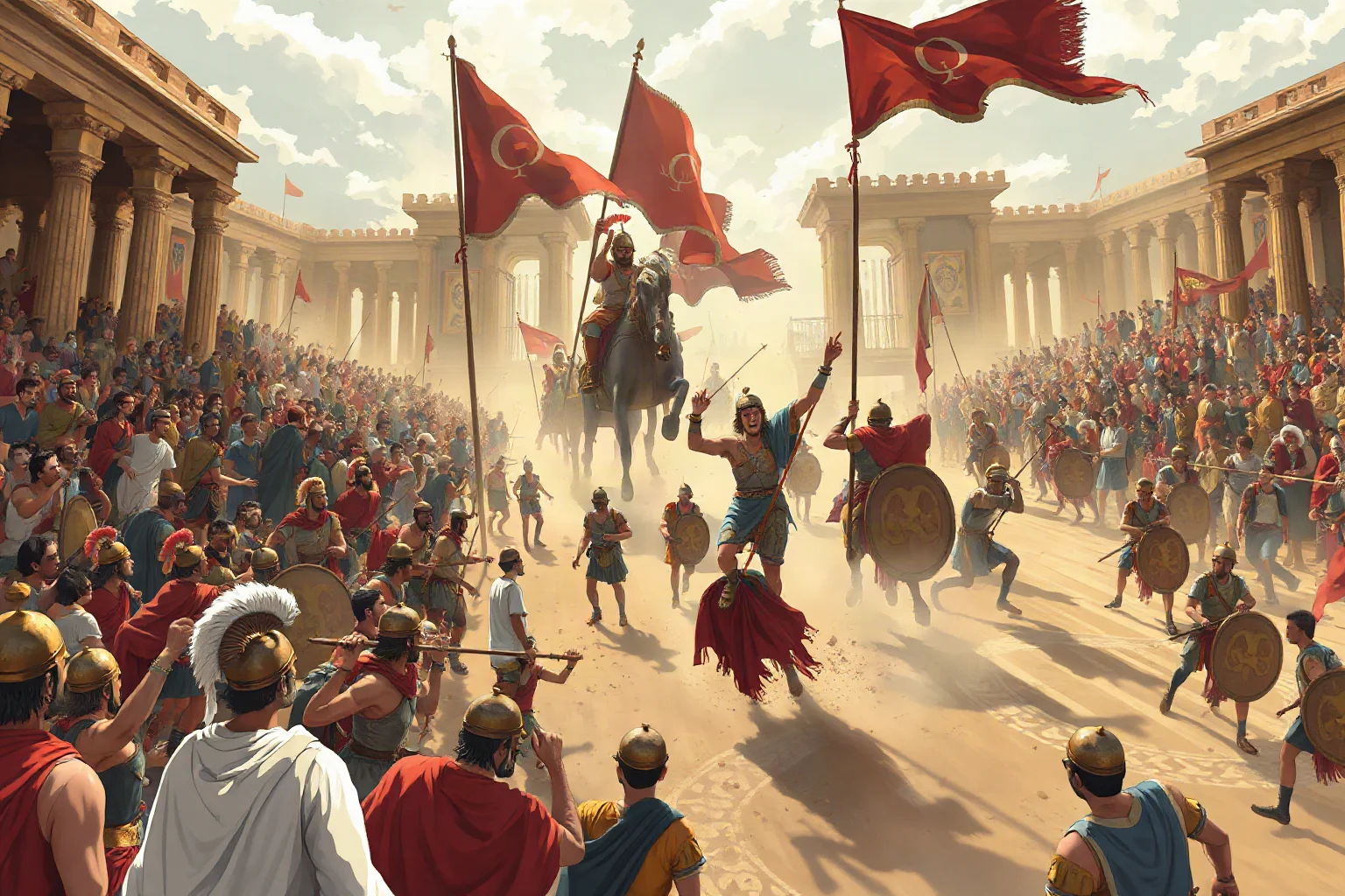 Illustrated scene of an ancient Byzantine chariot-racing stadium crowd in chaos, stylized historical art, no real photos
