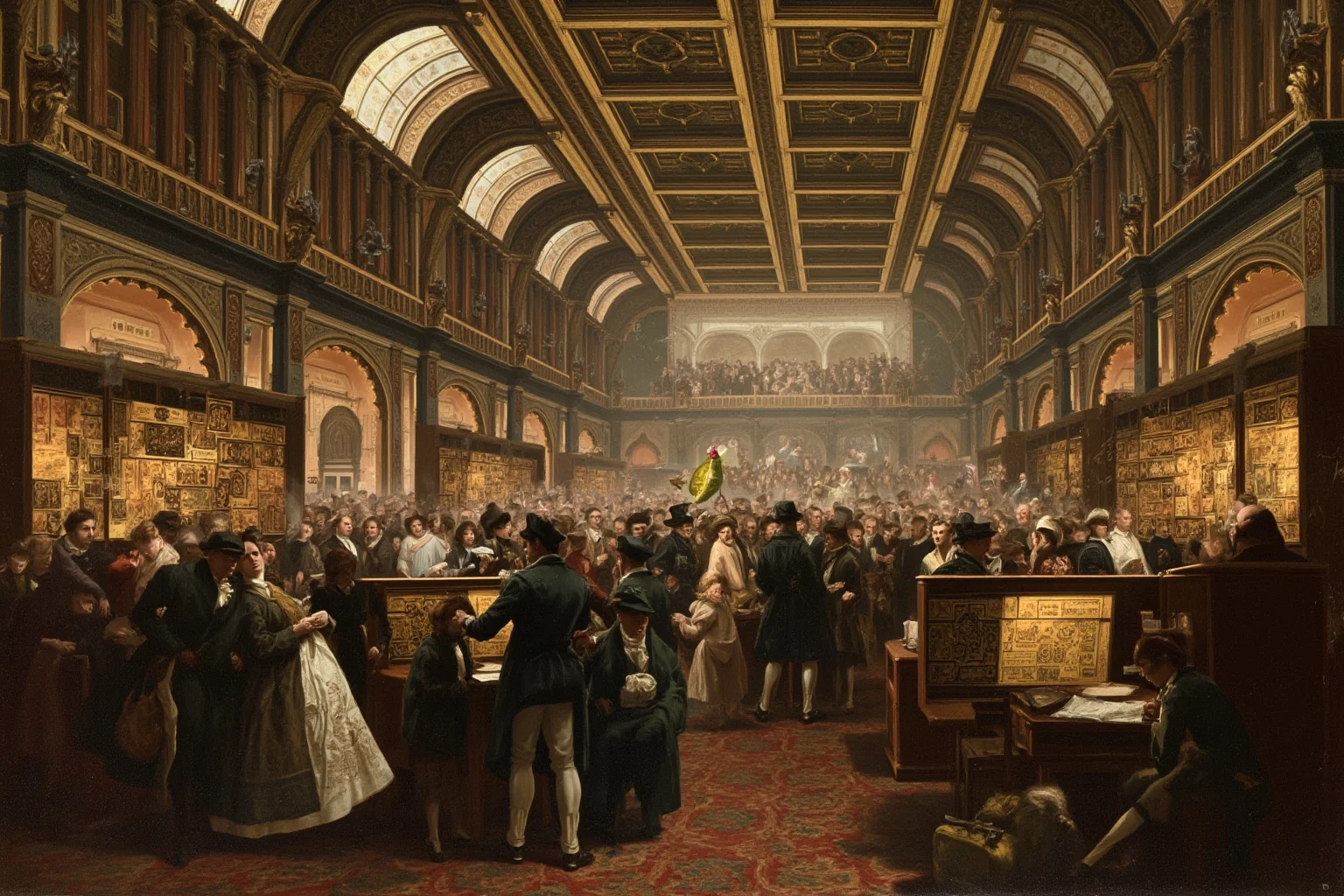 18th-century London stock exchange trading floor crowded with investors during a speculative frenzy, painting style
