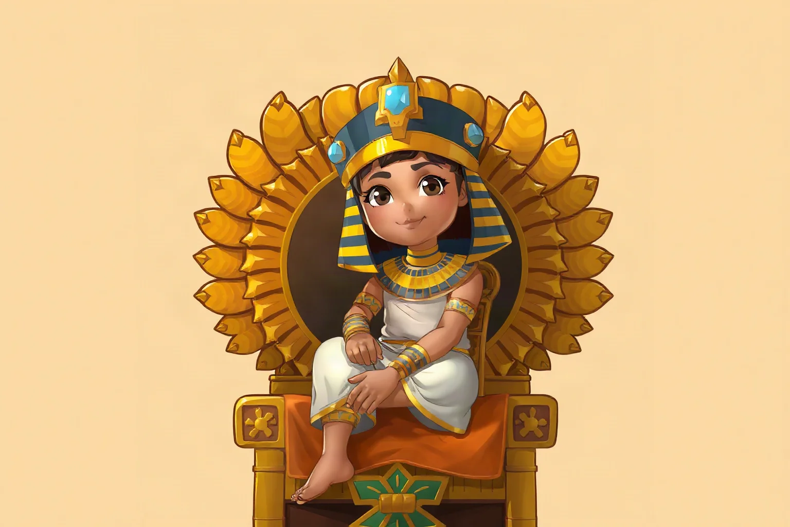 A young Egyptian pharaoh sitting on a golden throne, stylized illustration, ancient Egyptian art style