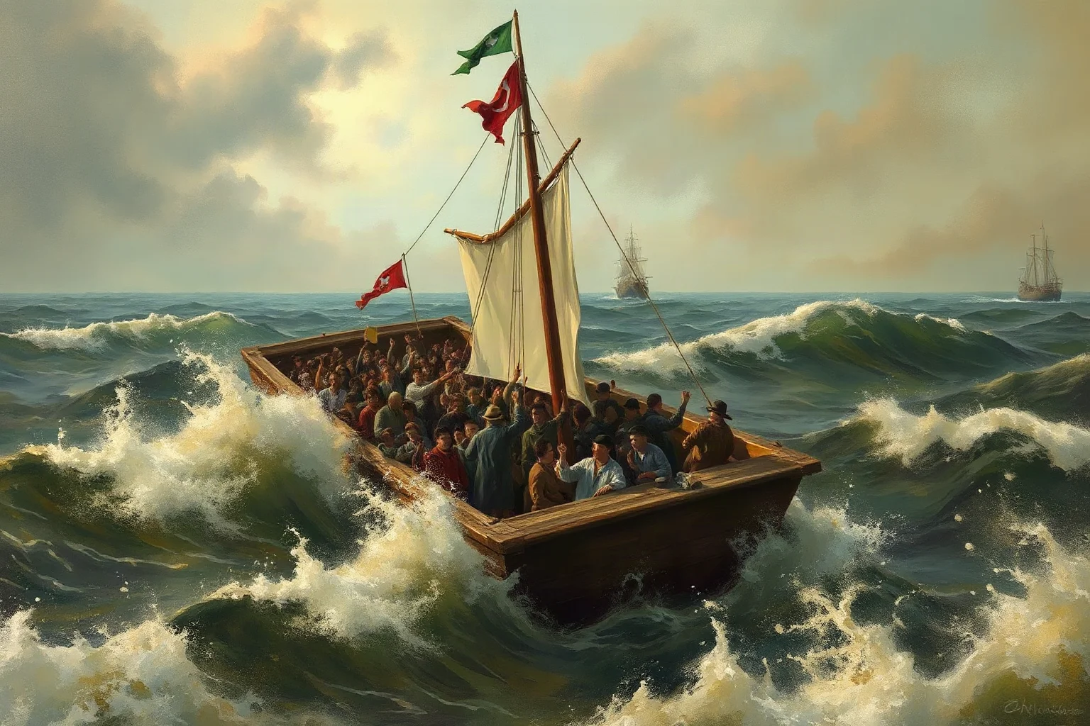 Dramatic oil-painting-style illustration of a crowded wooden raft tossed on stormy ocean waves, survivors reaching toward a distant ship on the horizon, muted earthy tones