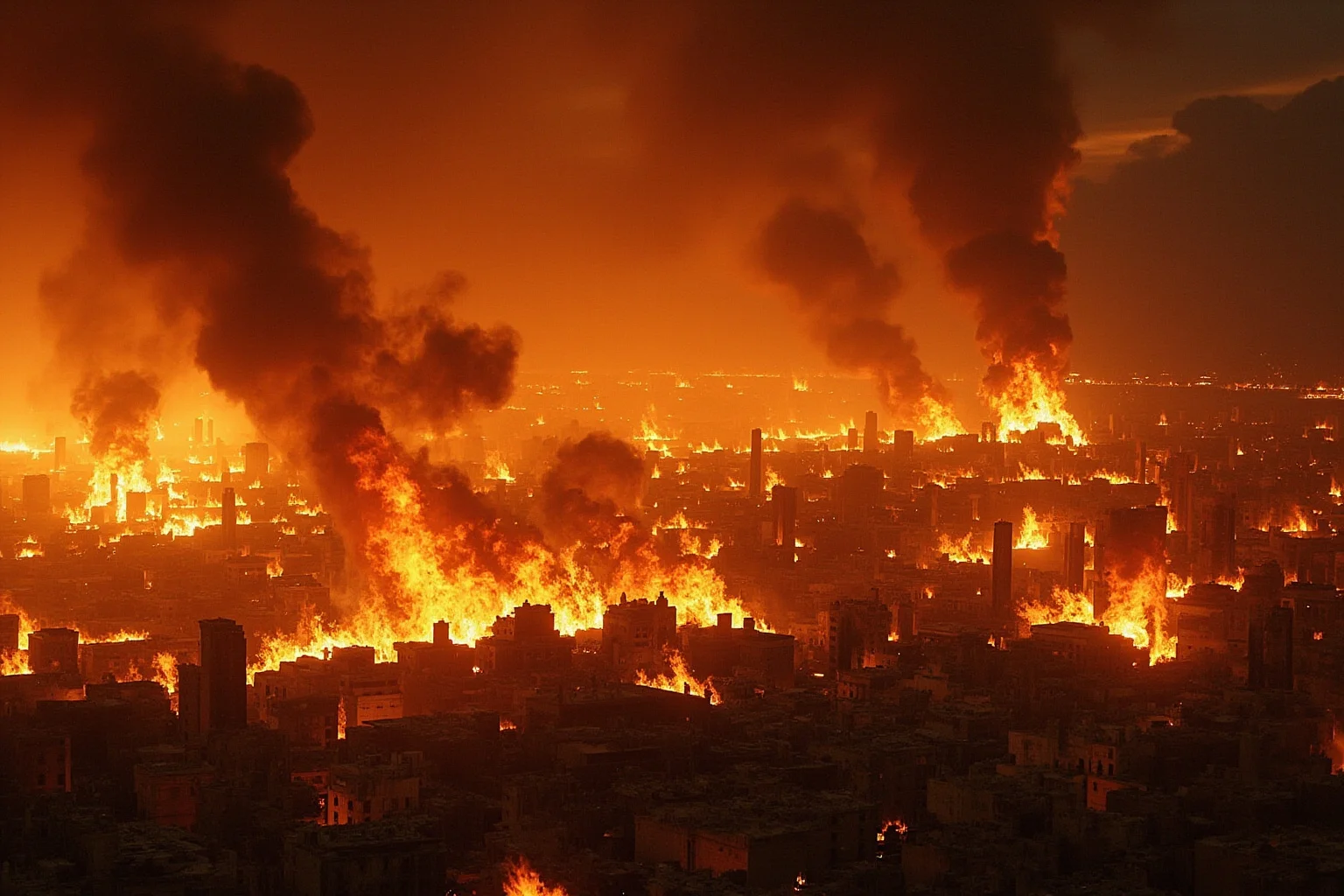 Empires That Fell Slowly—and 20 That Collapsed Overnight 6 The burning ruins of an ancient Mesopotamian city representing the fall of Nineveh
