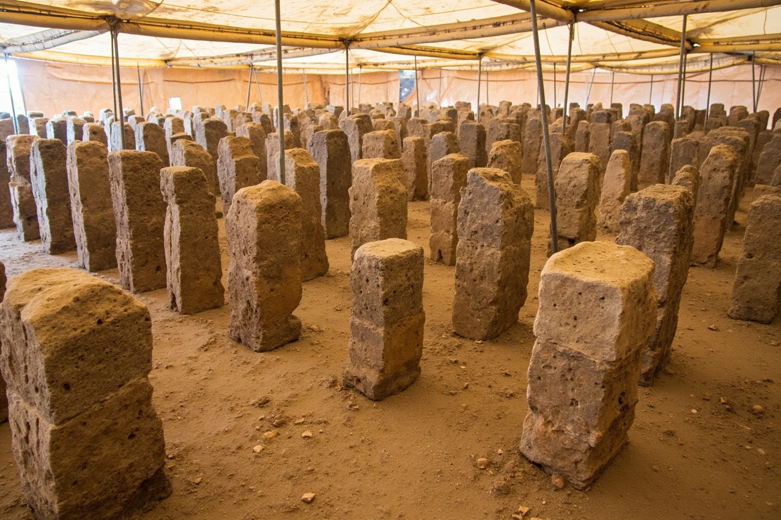 The carved T-shaped stone pillars of Göbekli Tepe under an archaeological excavation tent