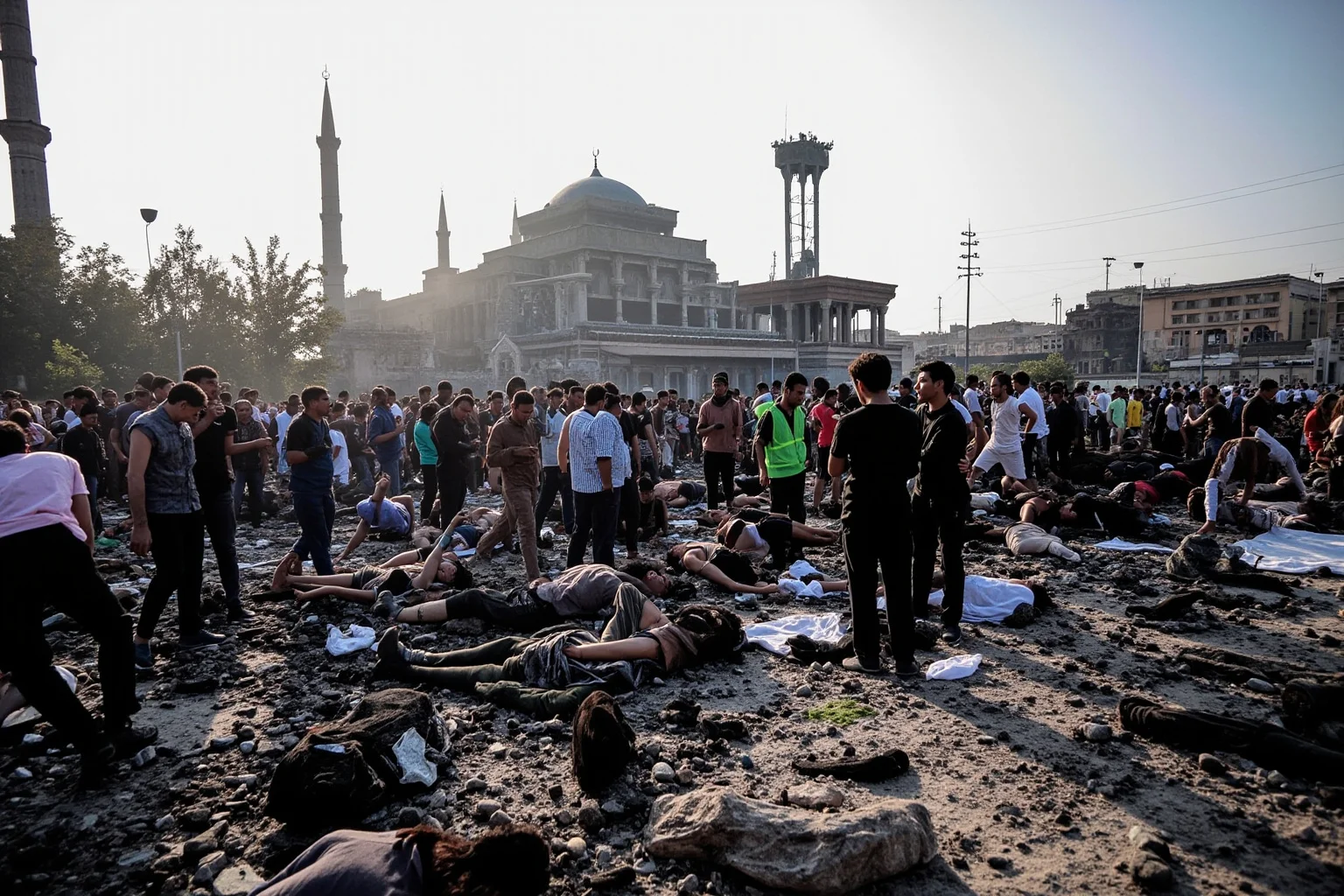 The chaotic aftermath of a suicide bombing at a crowded religious gathering, showing emergency responders and injured people