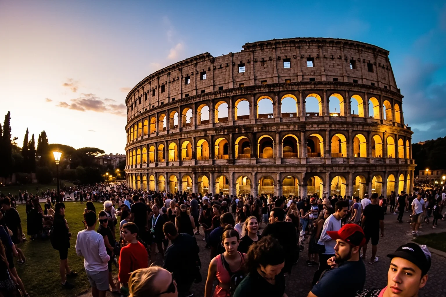 The Colosseum glowing at sunset surrounded by tourists, iconic world wonder atmosphere