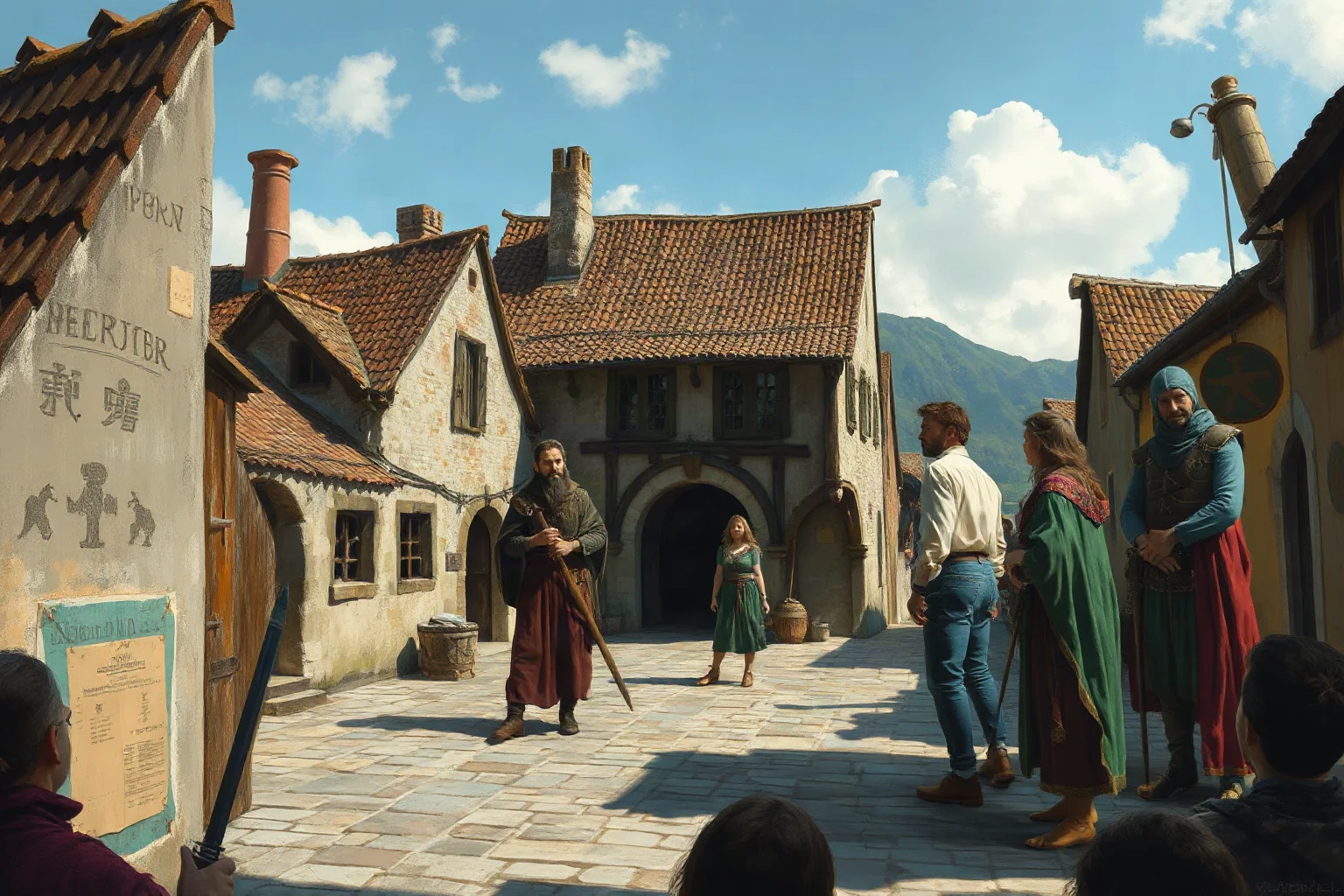 A weathered medieval European street scene with confused onlookers, symbolizing the mysterious start of a strange historical event, painterly style