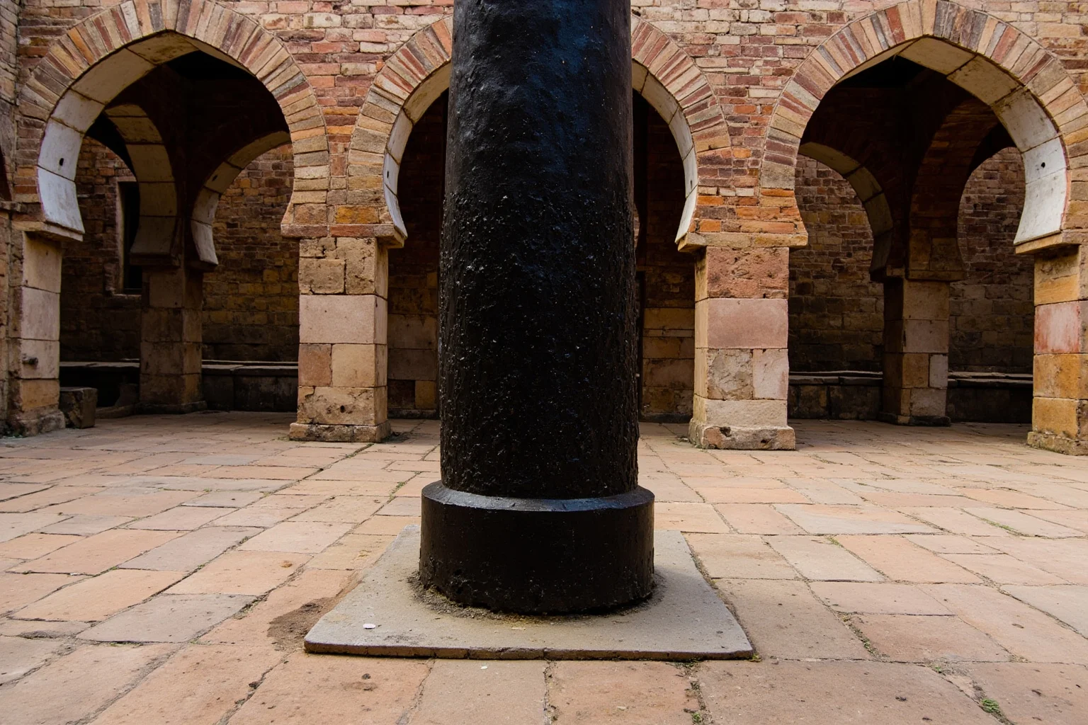 The dark iron pillar standing in the Qutb complex courtyard in Delhi