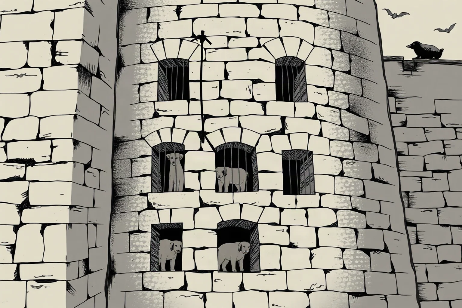 A medieval stone tower with small barred window cells, hinting at an early royal animal collection, in a muted historical illustration style