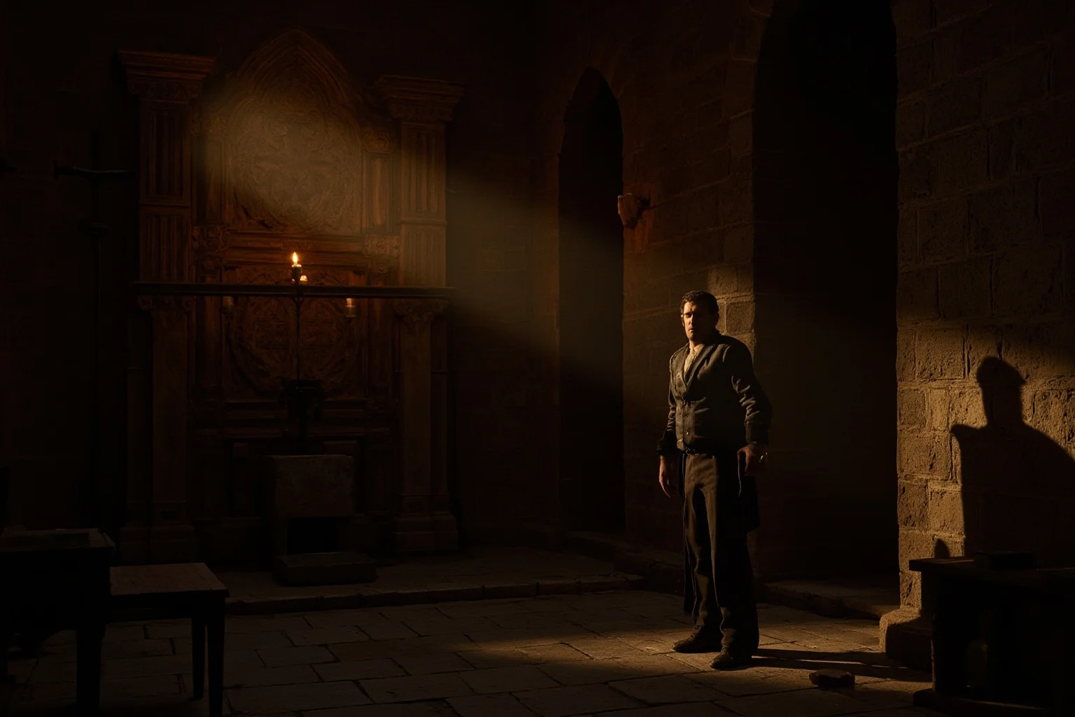 The Real Braveheart: The Story of How Robert the Bruce Freed Scotland 7 The dim stone interior of a medieval church with candlelight, evoking a tense confrontation