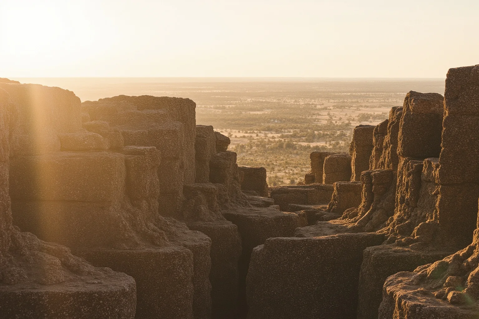 The dry-stone granite walls and towers of Great Zimbabwe under soft morning light