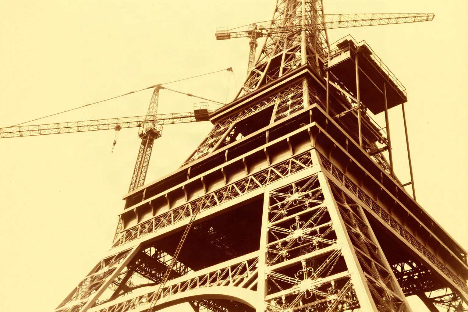The Eiffel Tower under construction with wooden scaffolding and cranes against a Parisian sky, late 1800s style