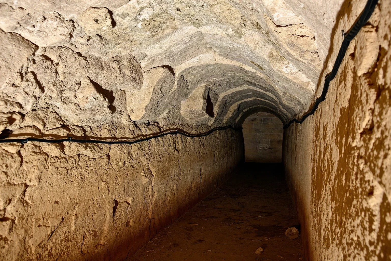 Underground limestone quarry tunnel with rough stone walls and ceiling, showing ancient pick marks and chisel work from centuries of mining