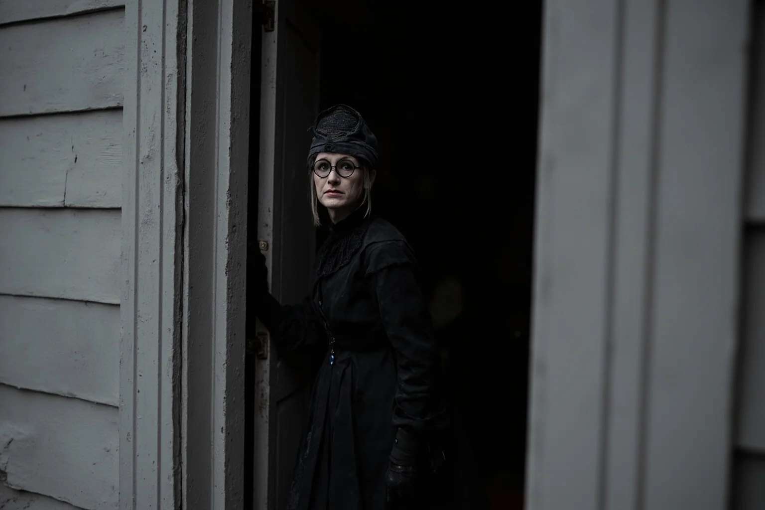 A stern Victorian-era woman in dark mourning dress standing in the doorway of a 19th-century Washington D.C. boardinghouse