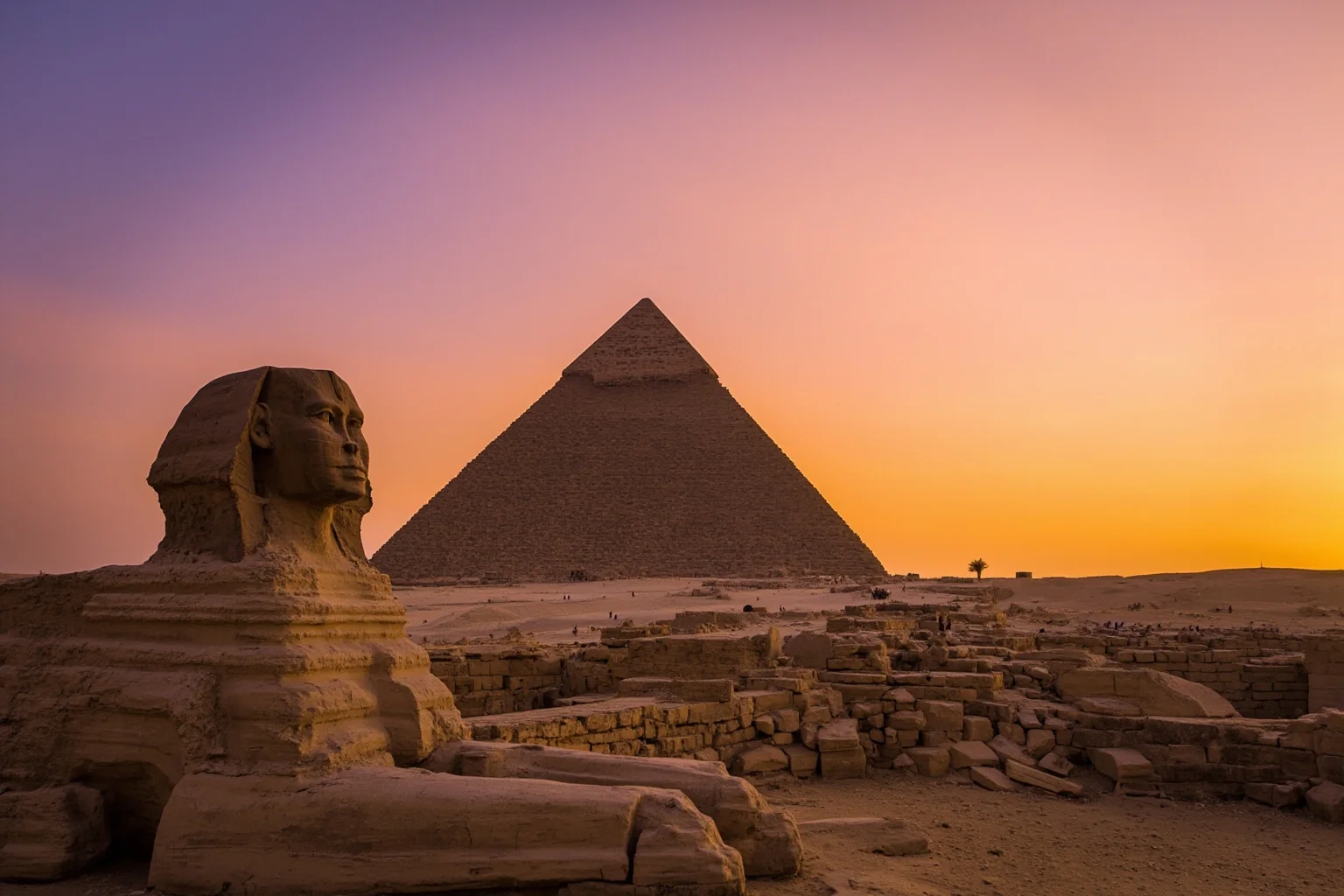 The Great Pyramids and Sphinx of Giza under a warm desert sunset