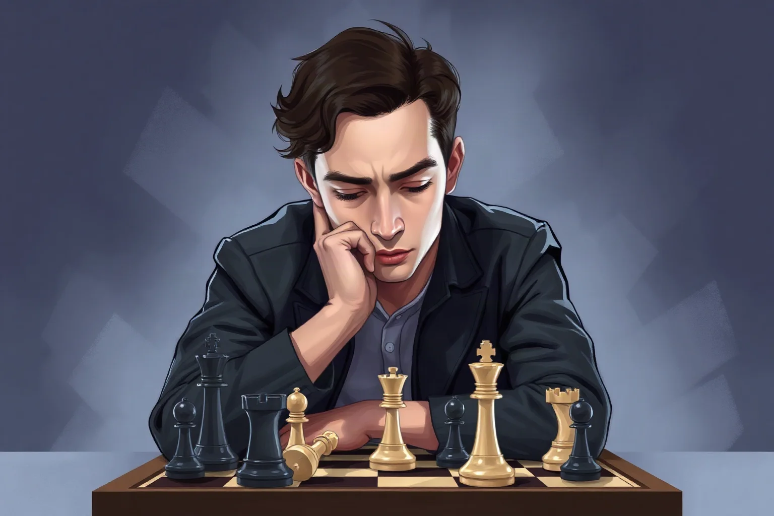 A modern digital illustration of a young chess grandmaster deep in concentration at a tournament board, contemporary style, no real-person likeness