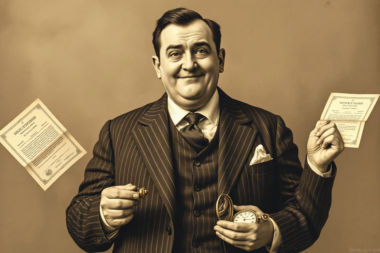Vintage sepia illustration of an early-1900s swindler in a pinstripe suit holding fake investment certificates and a pocket watch