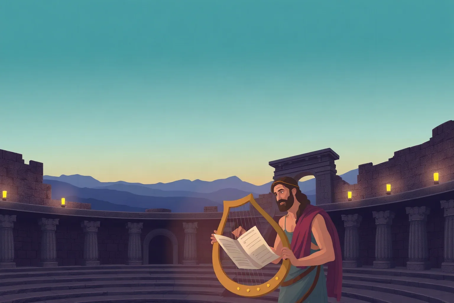 An ancient Greek bard with a lyre reciting poetry in a stone amphitheater at dusk, illustrative style