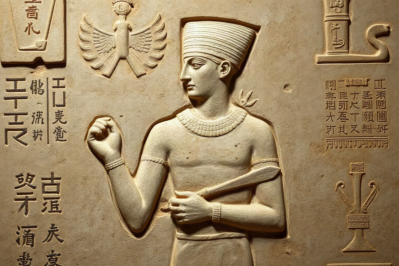 Ancient Mesopotamian ruler in a stone relief style, wearing a conical crown and holding a scepter, clay tablets in the background