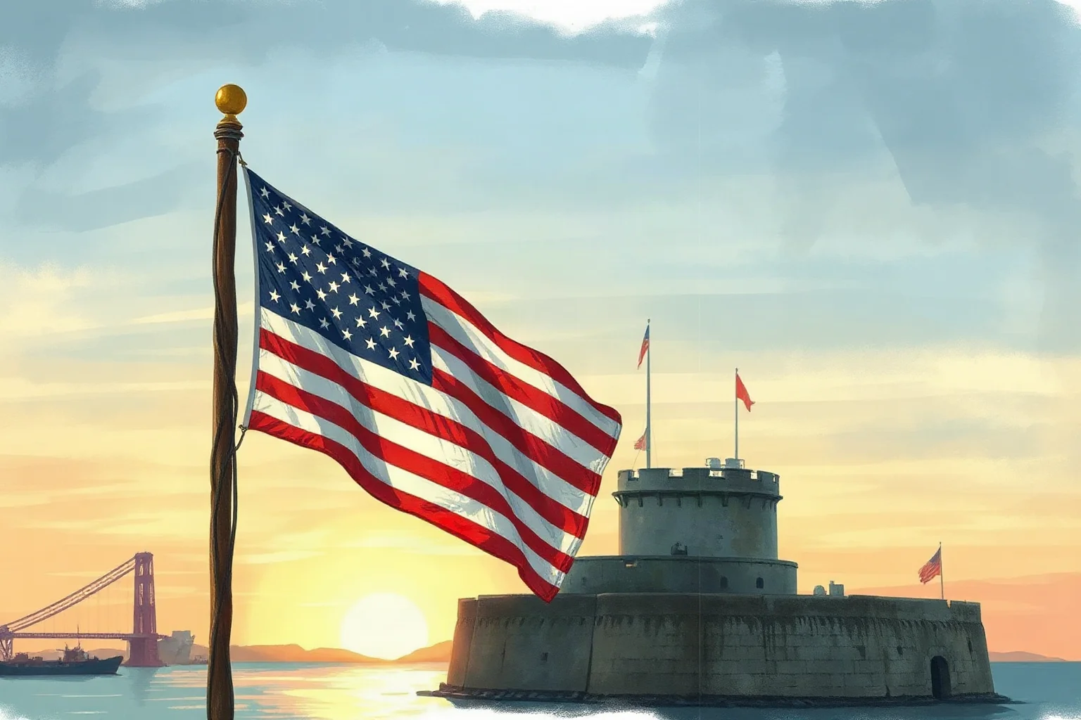 A weathered American flag waving over a historic harbor fort at dawn, watercolor illustration style