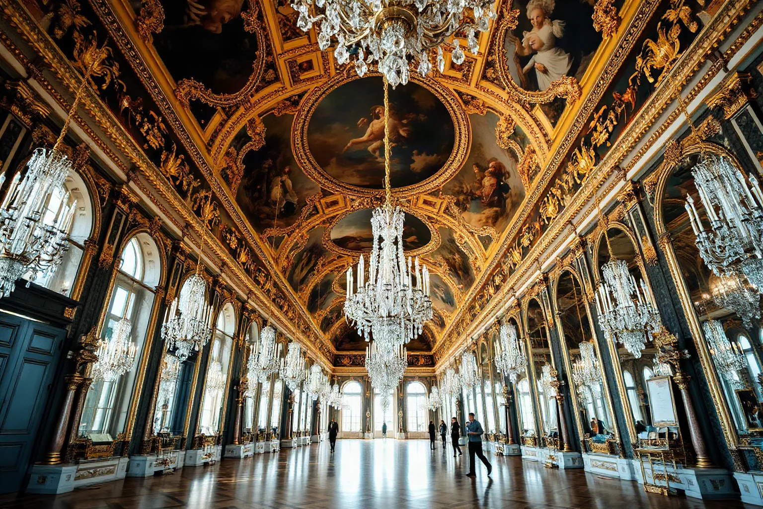 The Hall of Mirrors at the Palace of Versailles with its ornate ceiling, chandeliers, and reflective walls