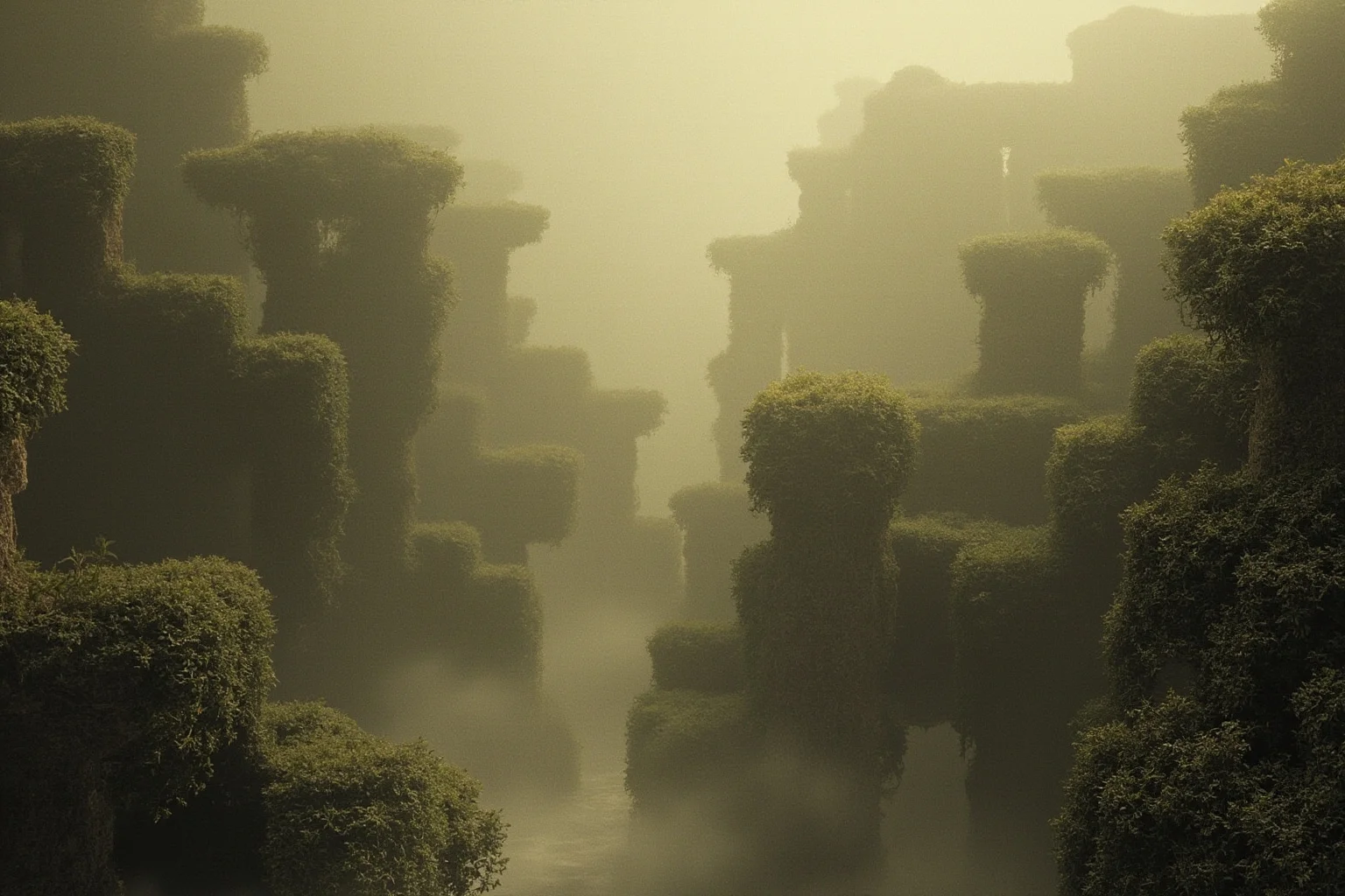 Empires That Fell Slowly—and 20 That Collapsed Overnight 7 The Hanging Gardens of Babylon rendered in faded, ghostly tones symbolizing a lost empire