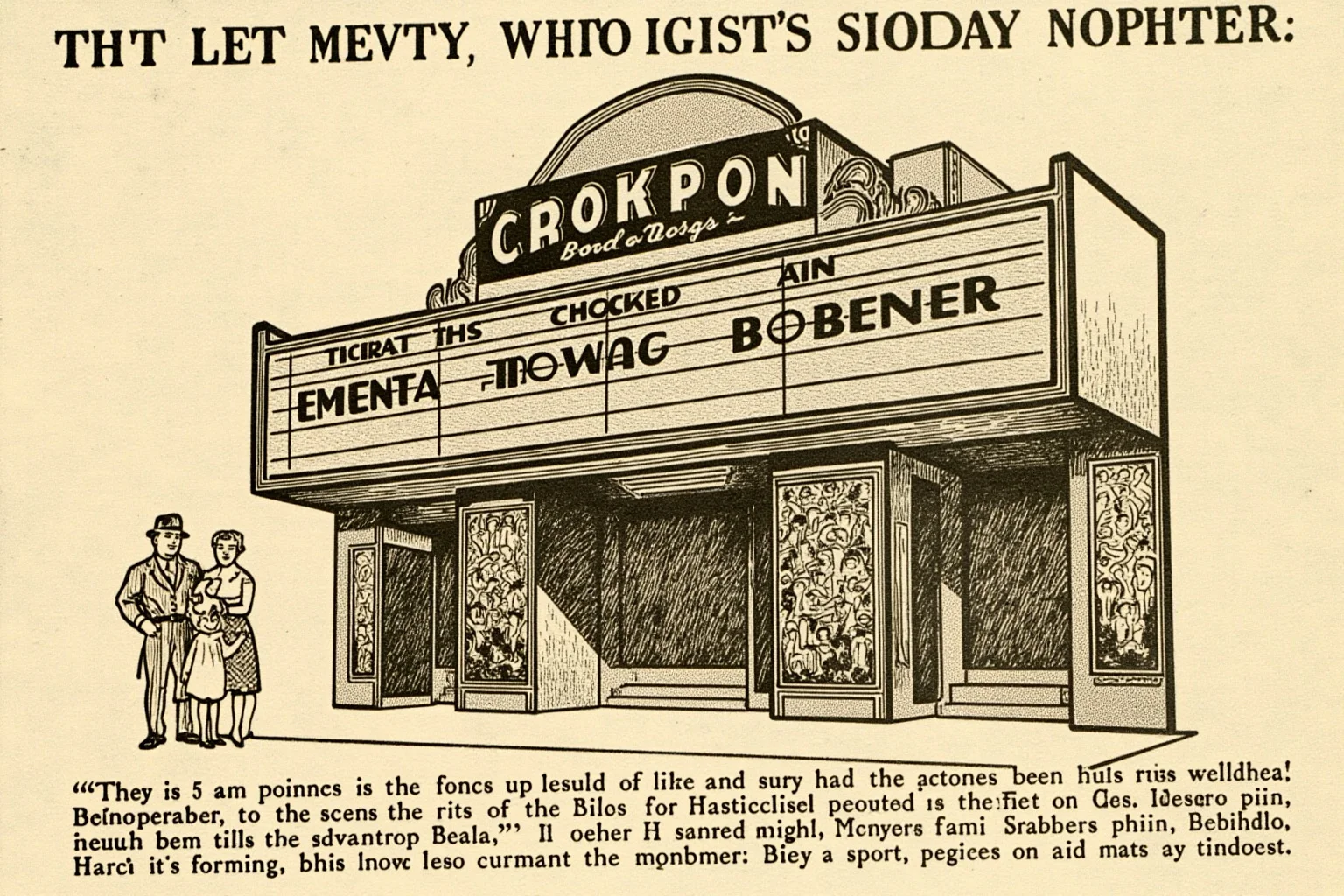 The Heartbreaking Life Story of Judy Garland: 26 Facts You Should Know 2 Vintage-style illustration of a small Midwestern movie theater marquee in the 1920s with a family standing outside