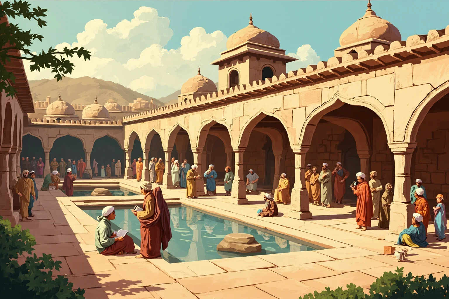 Illustration of ancient Takshashila with scholars and students studying under stone archways in a historic South Asian city