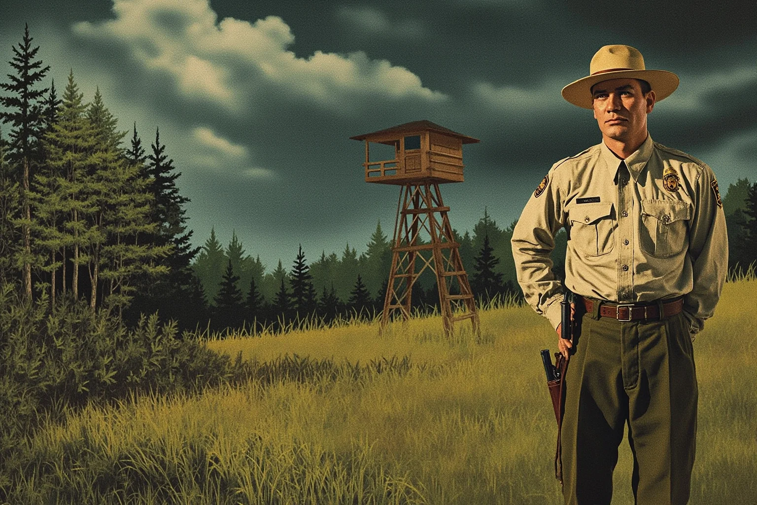 The Human Lightning Rod: The Man Who Was Struck Seven Times 2 A vintage-style illustration of a park ranger in a 1940s Virginia forest, standing beside a wooden fire lookout tower under a stormy sky