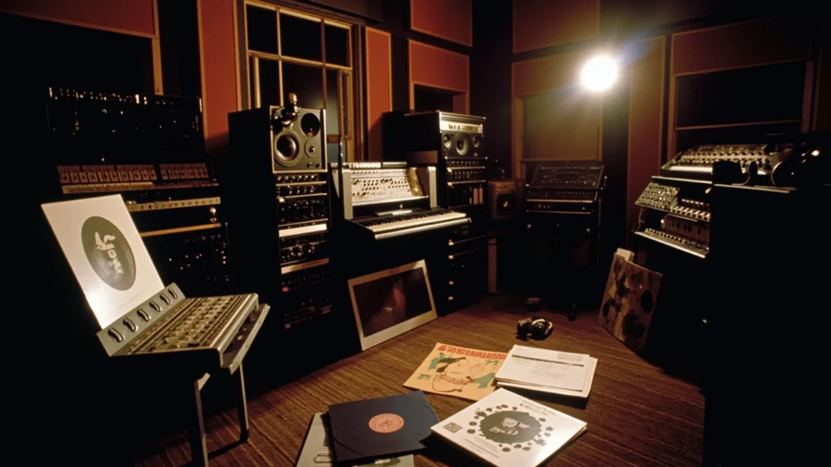 A dimly lit 1980s recording studio with mixing consoles, headphones, and vinyl records scattered around, evoking the making of a landmark pop album