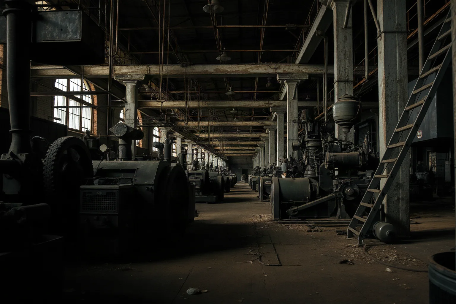The interior of an old factory with machinery and tools, dim lighting, illustrating wartime industrial production
