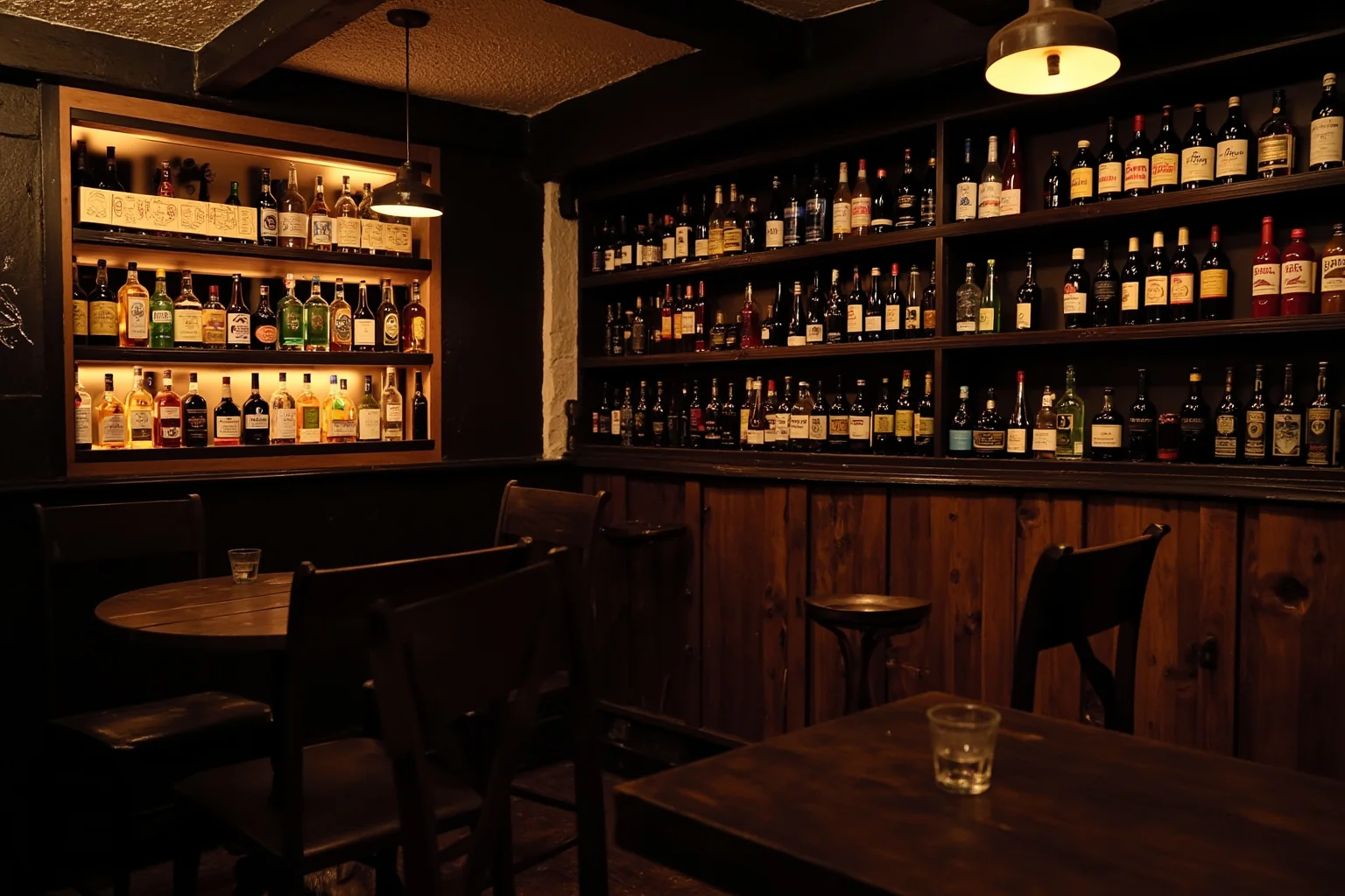 The interior of an old-time saloon with card tables, a bar, and shelves of bottles including non-alcoholic drinks