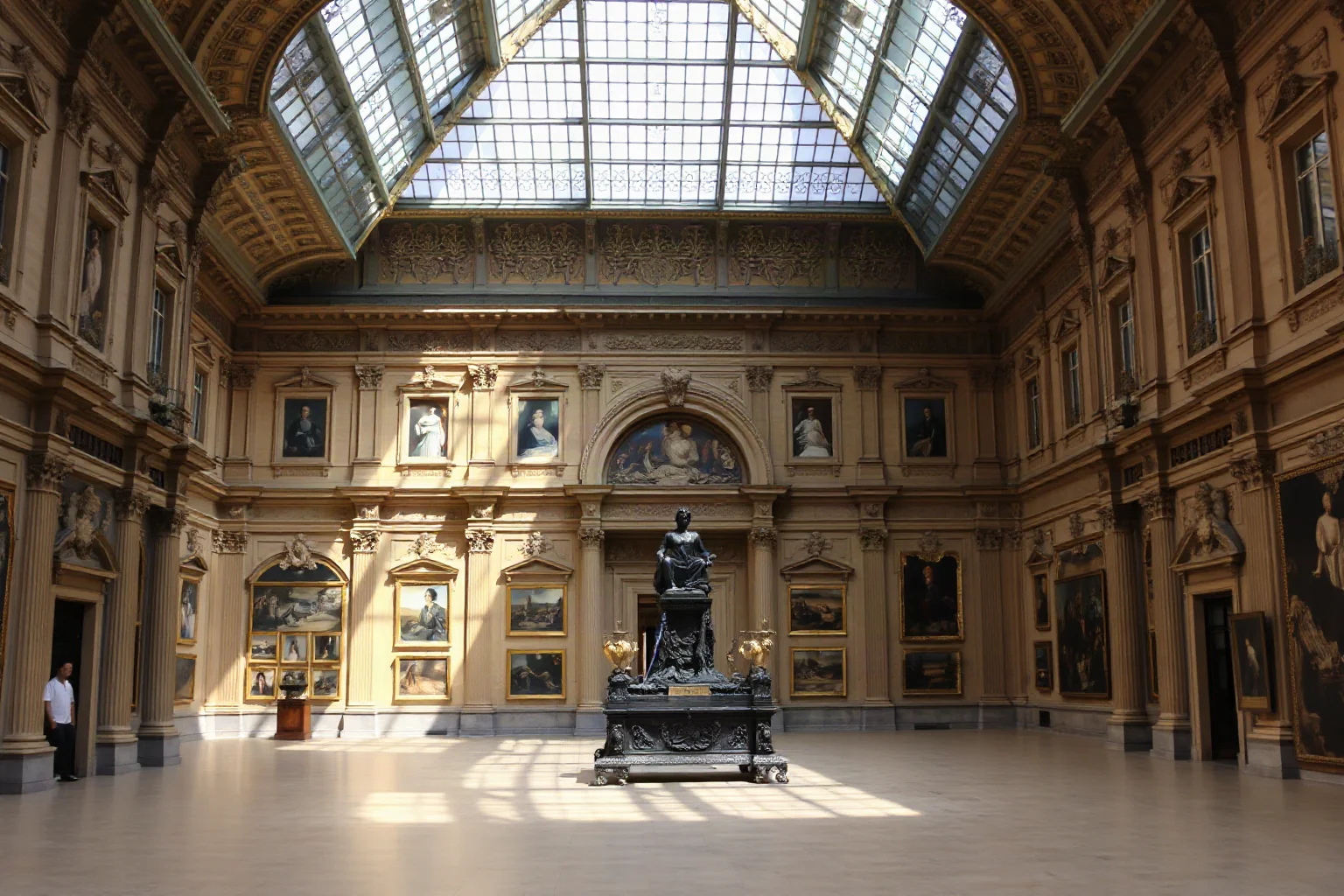 The interior of the Louvre Museum in Paris, showing the grand architecture and galleries that became a national museum after the French Revolution
