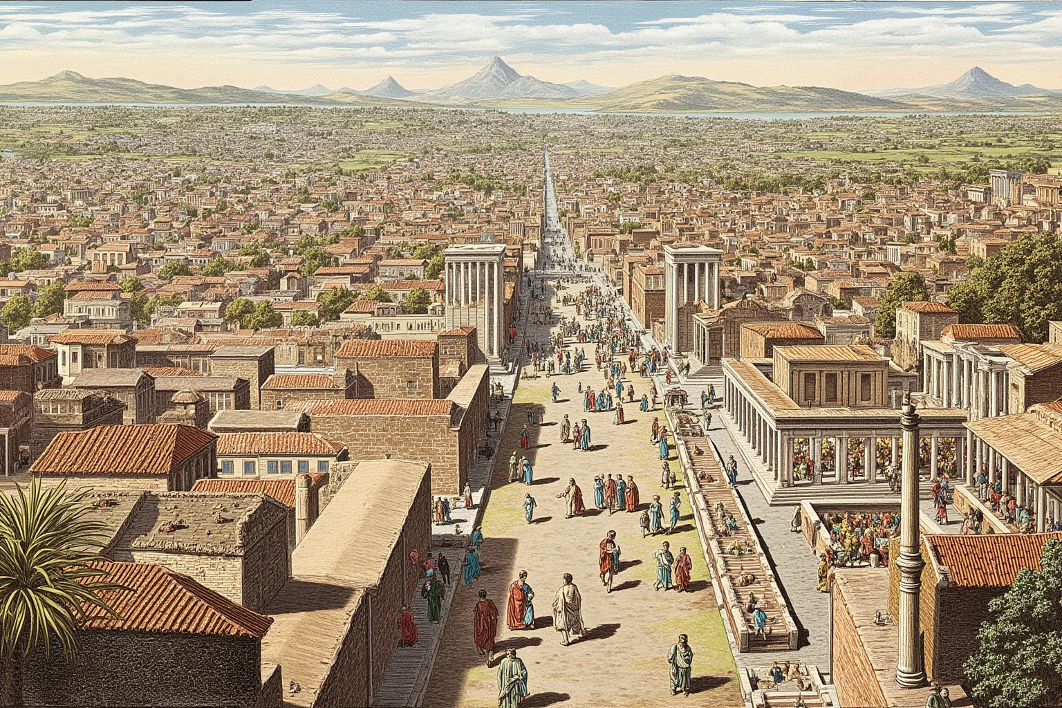 Wide illustrated view of the bustling ancient Roman city of Pompeii before the eruption, with markets, temples, and citizens going about daily life