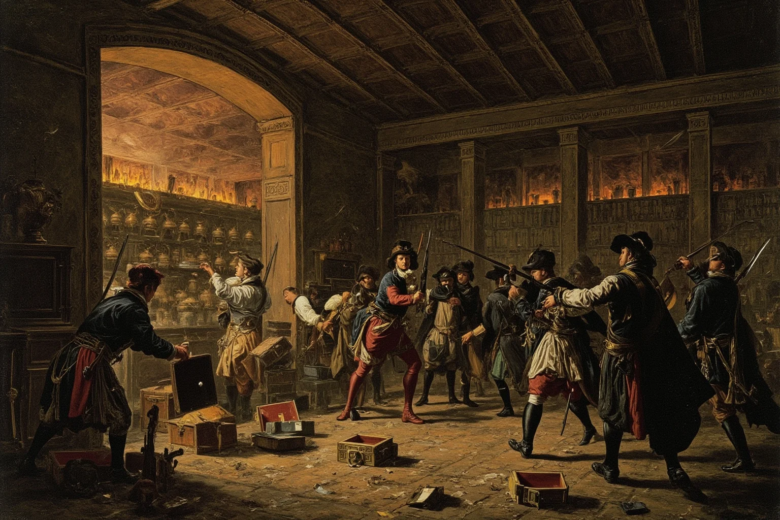 The Louvre Is No Stranger to Losing Millions: Inside the Museum's Biggest Heists 2 Illustration of a candlelit 18th-century French royal storehouse being ransacked at night during the Revolution, jewel cases flung open