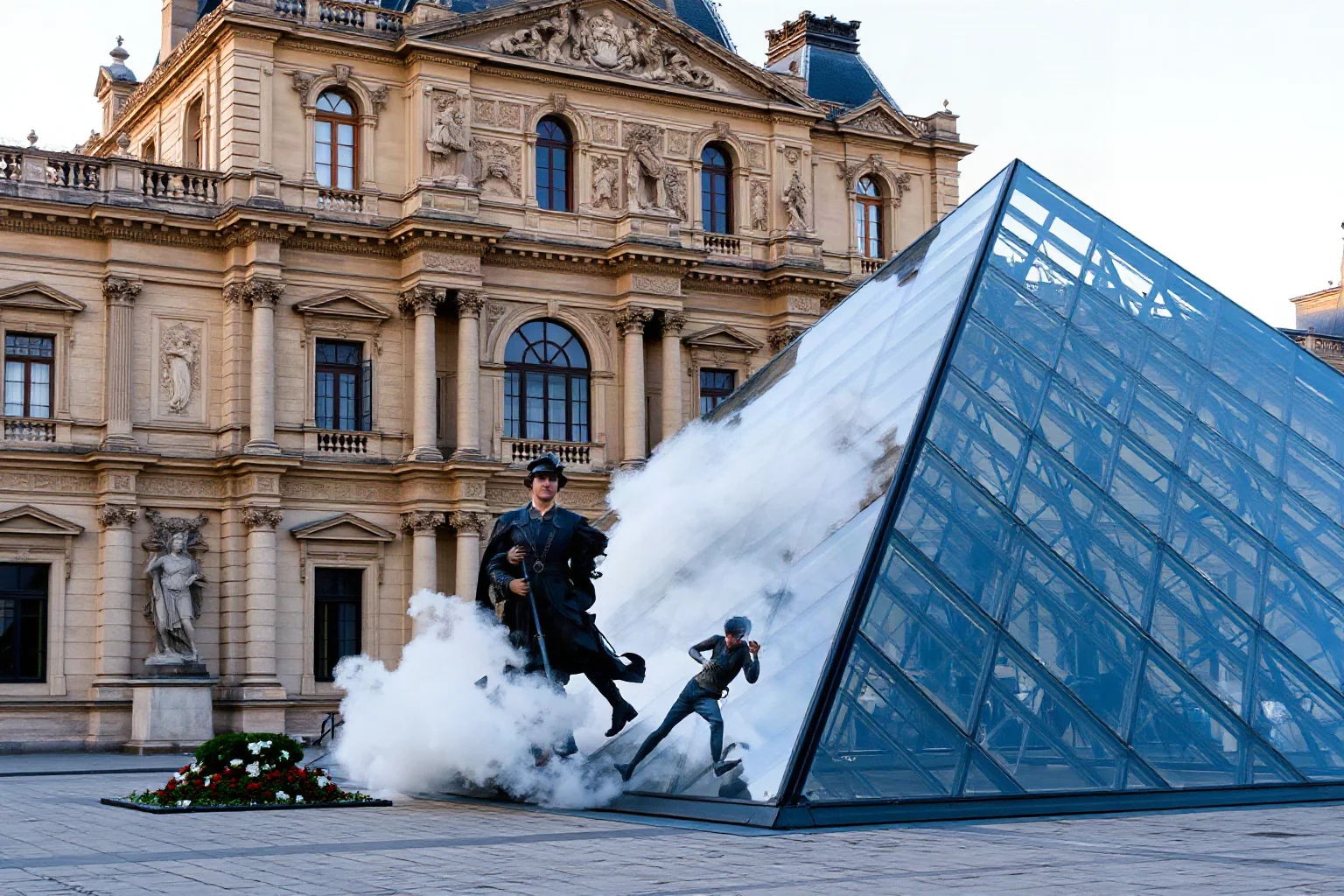 The Louvre Palace in Paris with its iconic glass pyramid entrance and Renaissance palace architecture