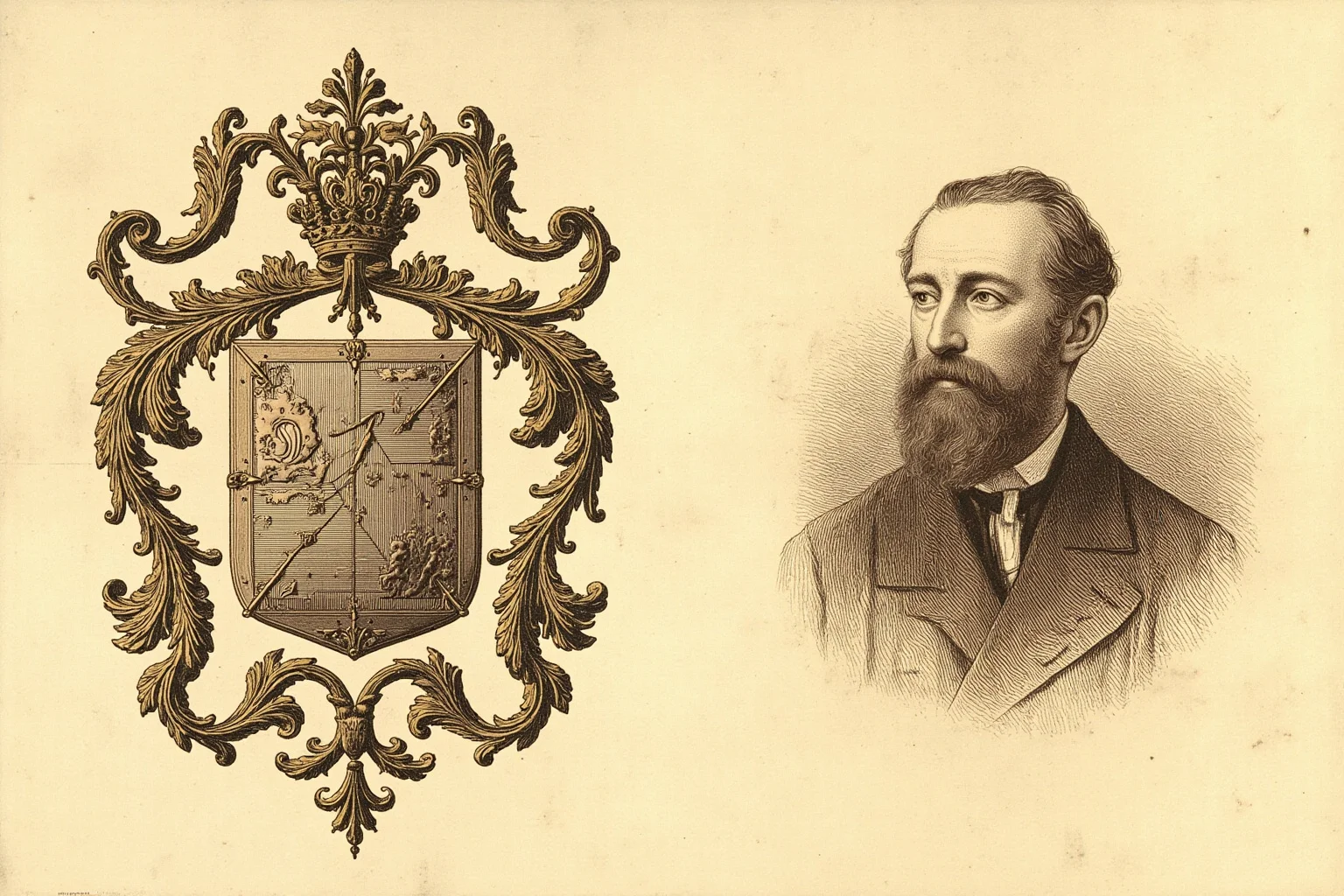 The Mad Baron Who Conquered Mongolia: The Bloody Life of Roman von Ungern-Sternberg 2 A weathered heraldic crest and old family portrait sketch representing a 19th-century Baltic German baronial family, sepia toned, illustrative style