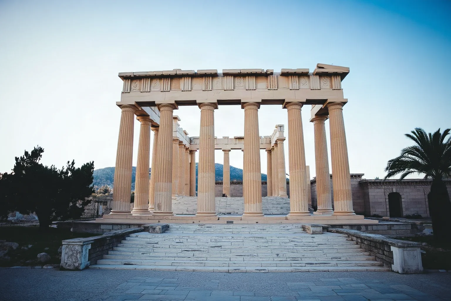 The monumental gateway columns of the Propylaea entrance to the Acropolis of Athens