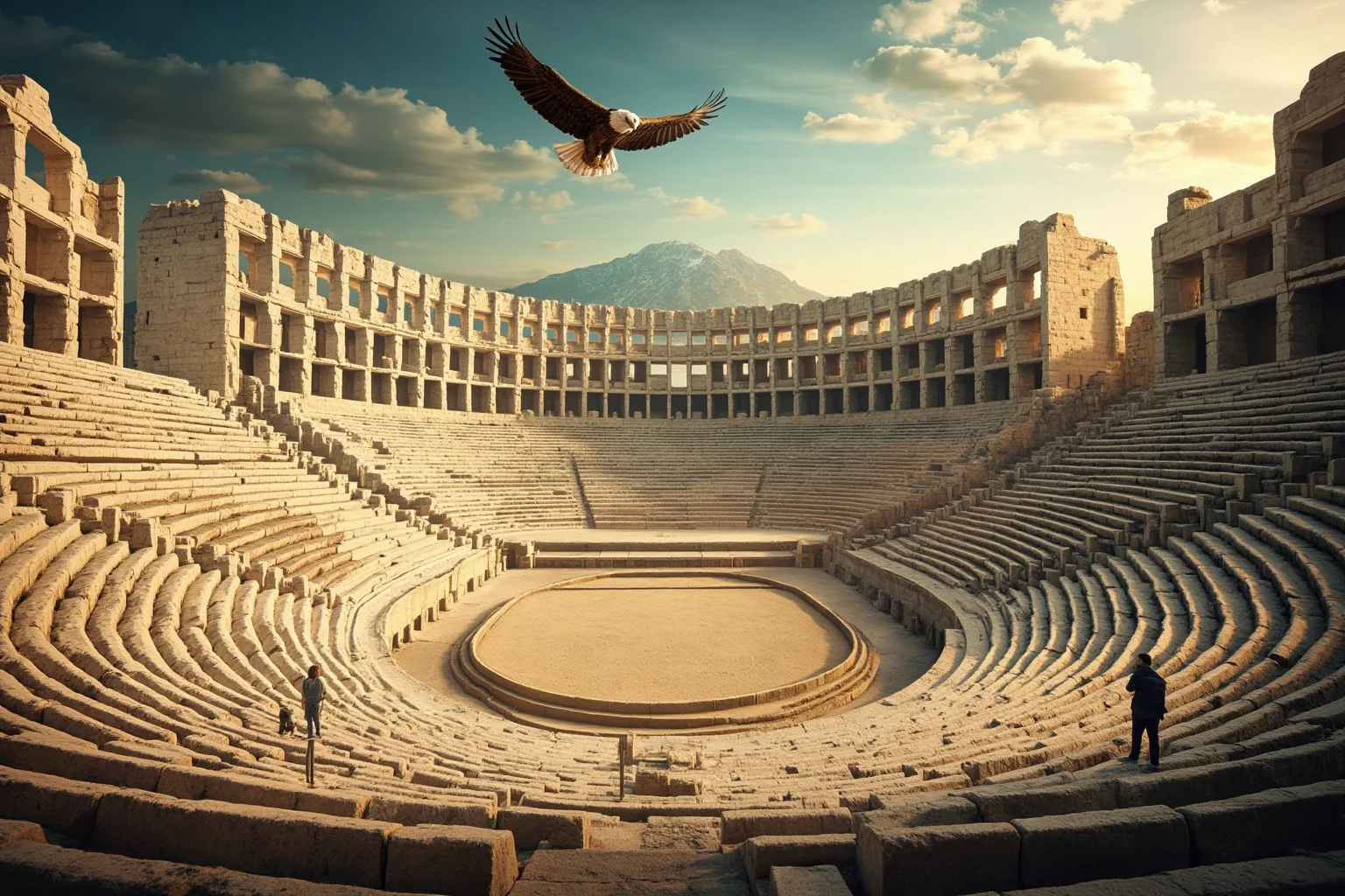 A stylized ancient Greek amphitheater scene with an eagle soaring overhead, evoking classical antiquity, no realistic people shown