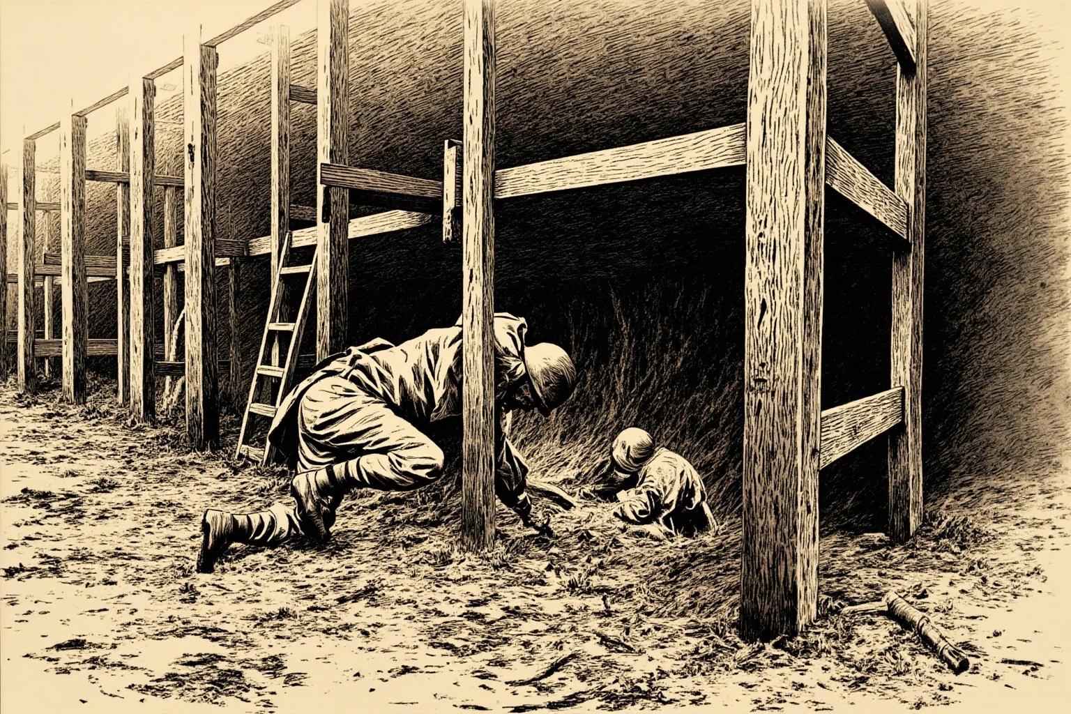 The Most Daring Prison Escapes in History 2 Illustration of Allied POWs digging a hidden tunnel beneath wooden bunks in a WWII prison camp, sepia tone