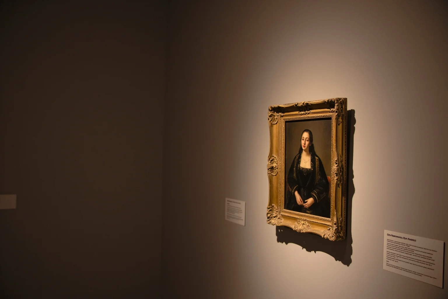 The Most Famous Historical Paintings in the World 2 A softly lit museum gallery wall displaying an ornate framed Renaissance-style portrait of a woman with a subtle smile