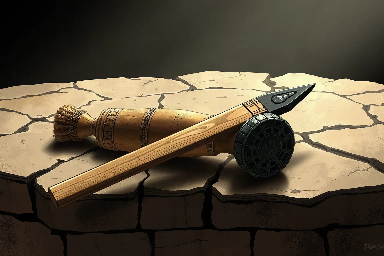 An Aztec obsidian-edged wooden club (macuahuitl) resting on a stone altar, detailed illustration