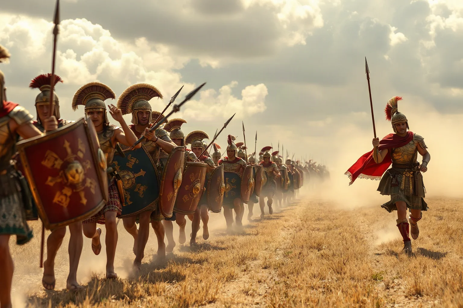 Ancient Greek hoplites in bronze armor charging across an open plain toward Persian forces, dust clouds rising from the battlefield
