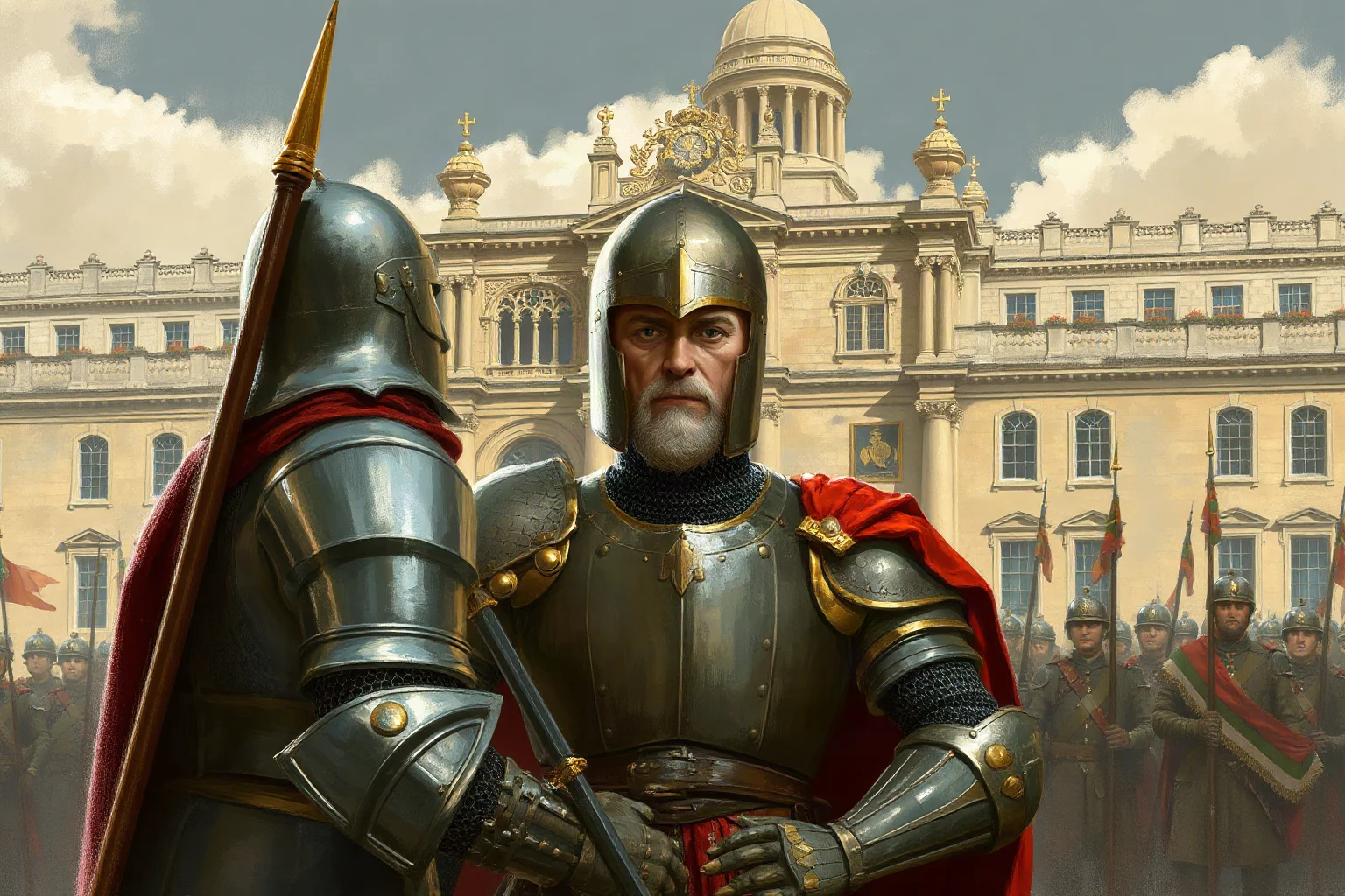 Oil-painting style illustration of a stern 17th-century English military commander in armor addressing soldiers outside a parliament building