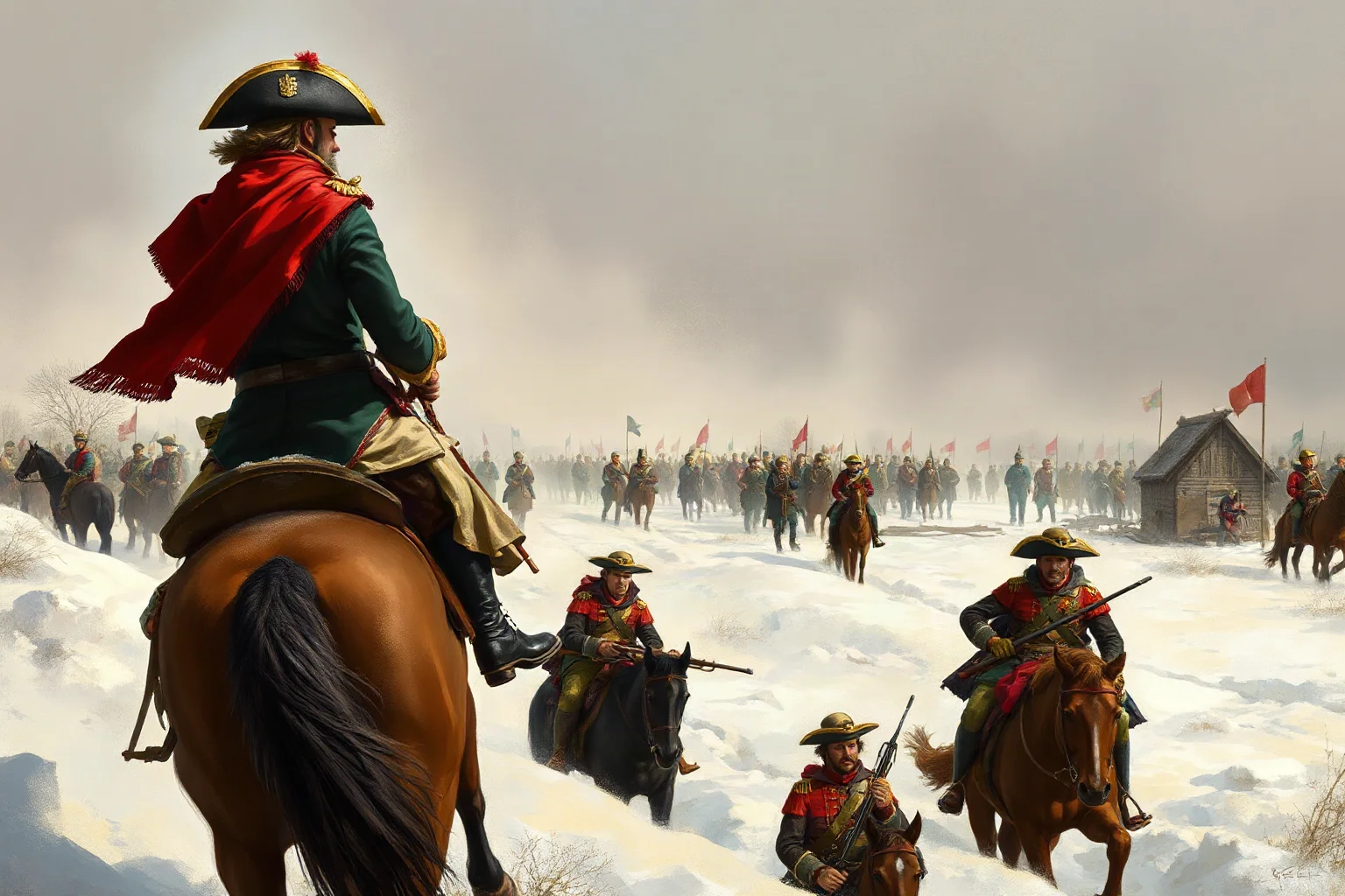 Painterly illustration of an 18th-century continental army general on horseback reviewing snowy winter camp troops