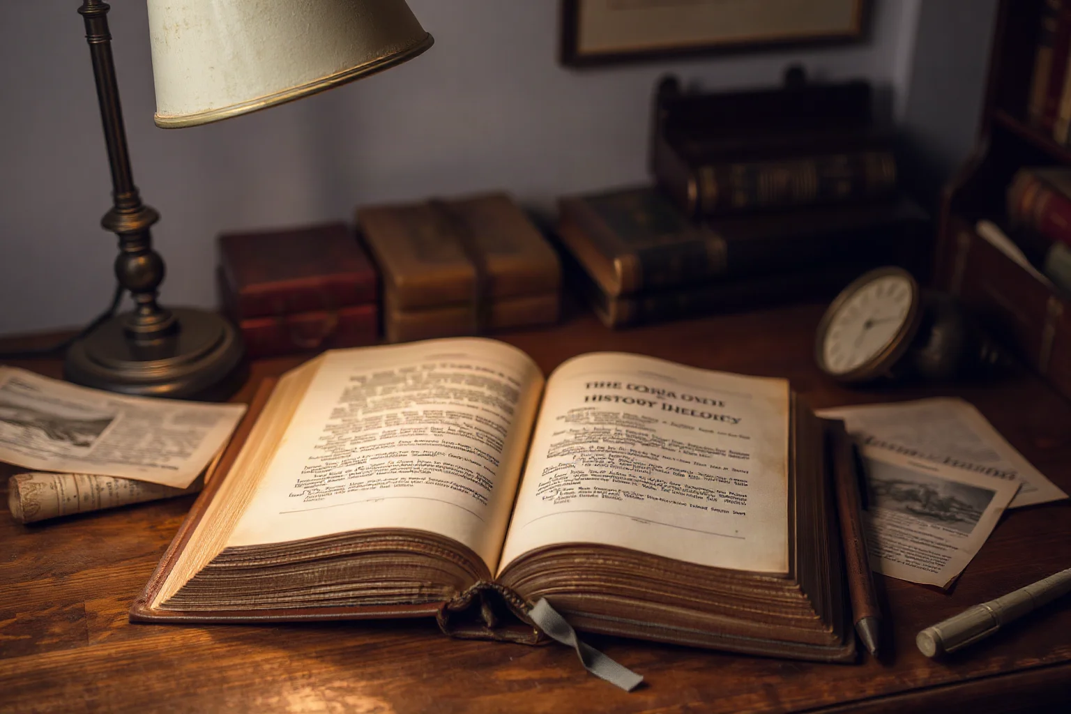 A worn, leather-bound history book open on a wooden desk with a reading lamp and scattered historical documents