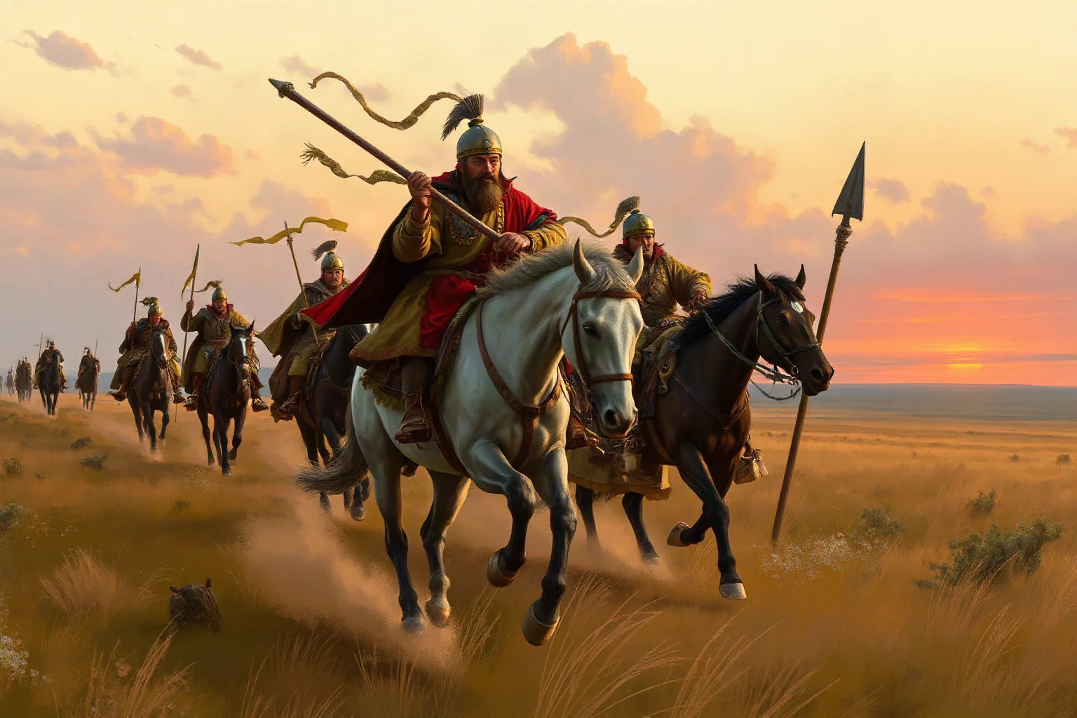 Painterly historical illustration of a Mongol mounted warlord and his cavalry sweeping across a vast steppe landscape at dusk