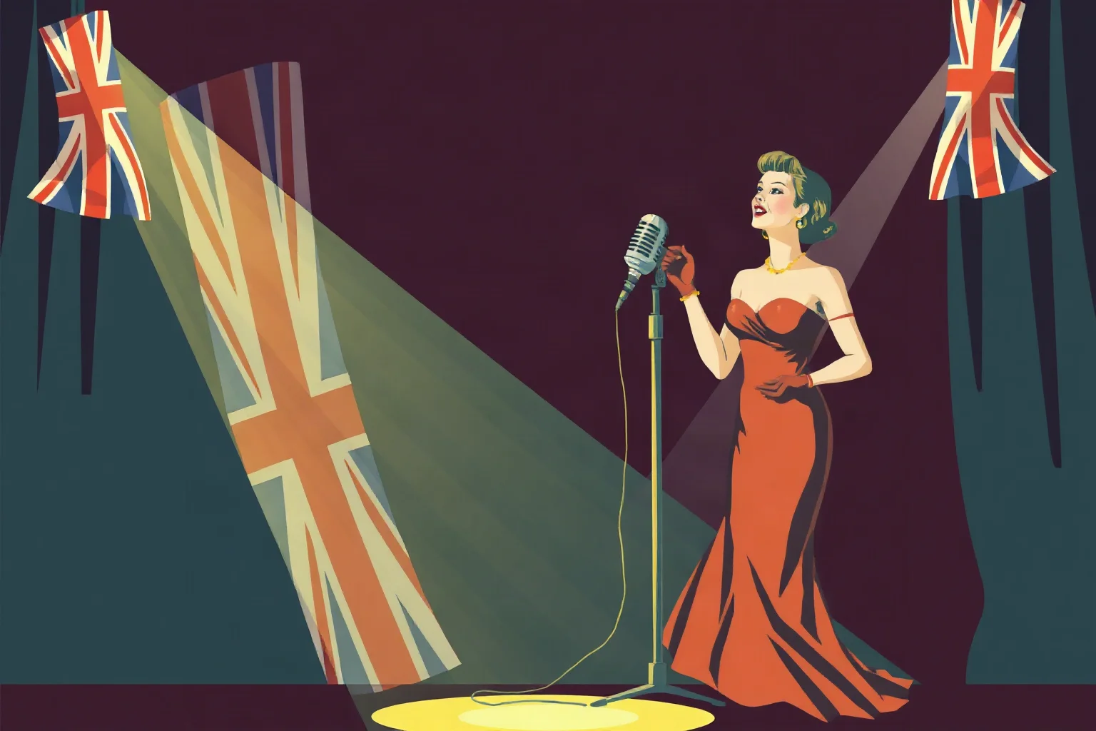 A vintage-style illustration of a 1940s female singer in a glamorous gown performing into an old radio microphone on a stage decorated with British flags