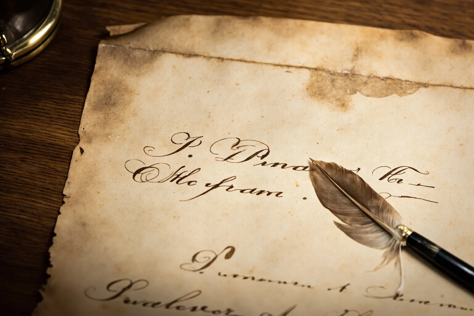 An aged 18th-century parchment document with an elegant handwritten signature in faded ink, quill pen resting beside it on a wooden desk