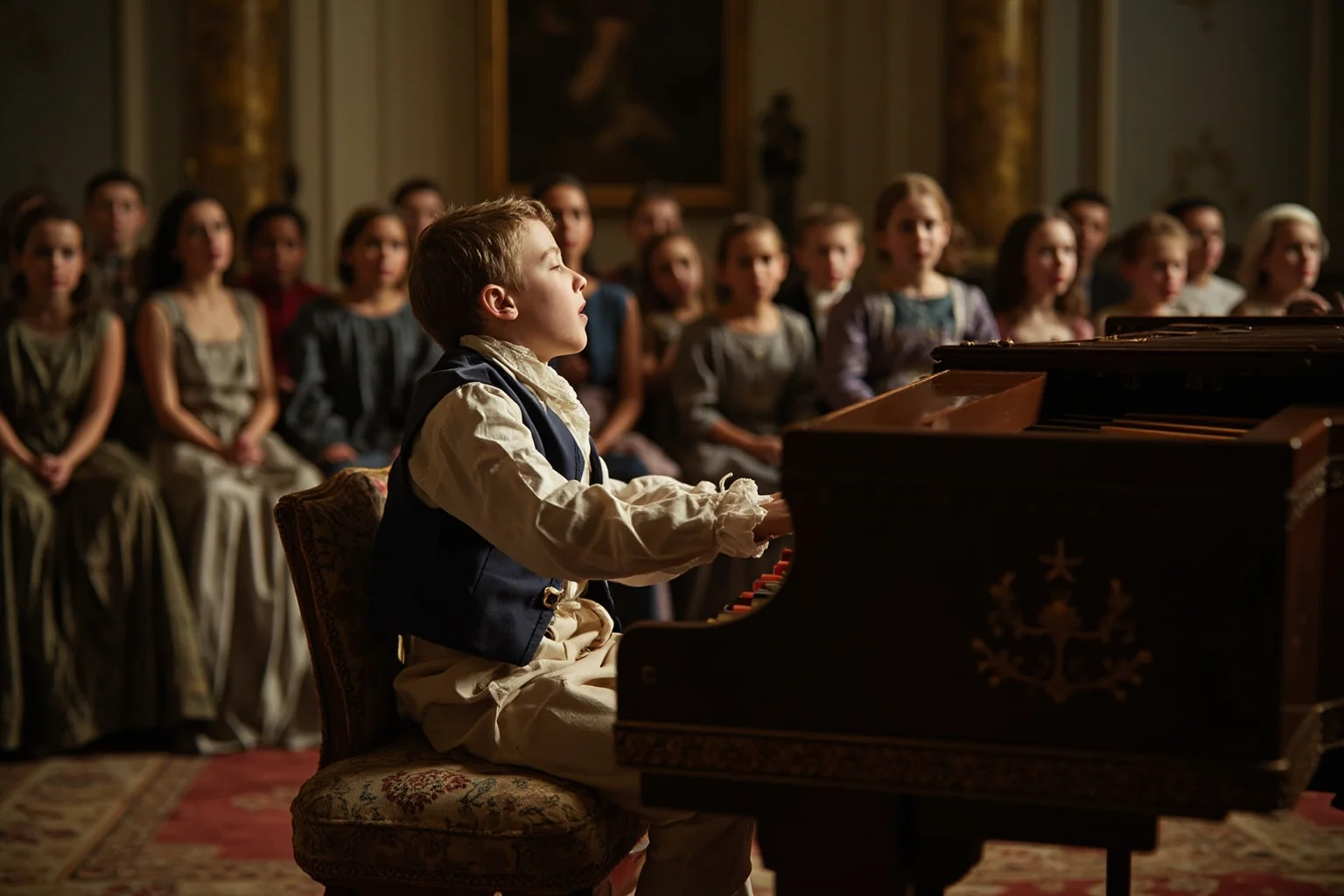 A young boy in 18th-century formal clothing seated at a harpsichord, performing for an elegant royal court audience
