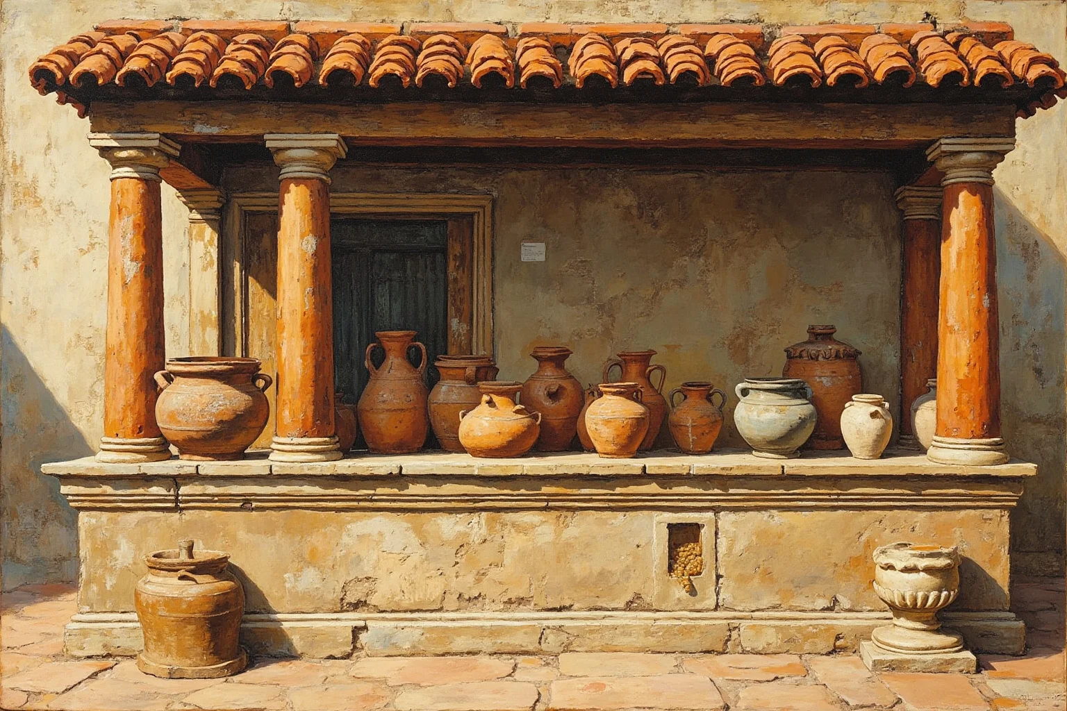 The Oldest Fast Food Chains in the World: A Full History 2 An ancient Roman street-food counter (thermopolium) with clay jars set into a stone counter, painted illustration style
